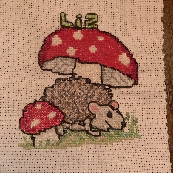 Liz!  Hedgehog with Amanita Mushroom with the name LIZ handmade cross-stitch - Picture 1 of 6